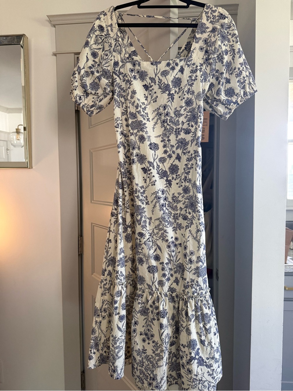 Square Neck Puff-Sleeve Midi Dress in Blue and White
